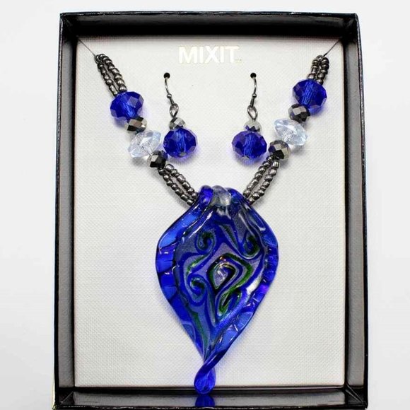 Mixit Set Necklace & Earrings Cobalt Blue Murano Glass Gunmetal Hematite Gift - Picture 1 of 7